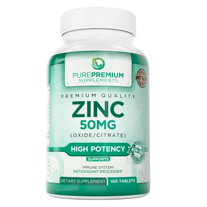 مكملات الزنك الطبيعية PurePremium 50 ملغ للرجال والنساء - فيتامين الزنك عالي الفعالية - سترات الزنك وأكسيد الزنك للبالغين - دعم المناعة ومضادات الأكسدة والطاقة - 100 قرص