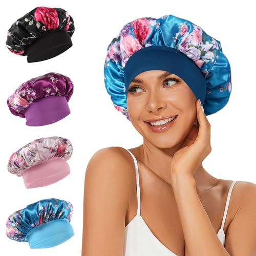 LEADUWAY 4Pcs Satin Bonnet Silk Bonnet Hair Bonnet for Sleeping Elastic Wide Band Silk Sleep Cap Soft and Breathable Silk Hair Wrap for Sleeping Black Purple Pink Blue