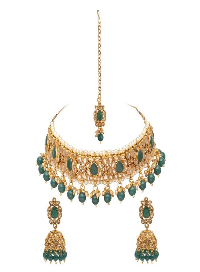 Bodha Traditional Indian Gold Plated Kundan Pearl Choker Bridal Necklace Combo Jewelry Set With Tikka and Earrings for Women (SJN_59_G) - Image 1