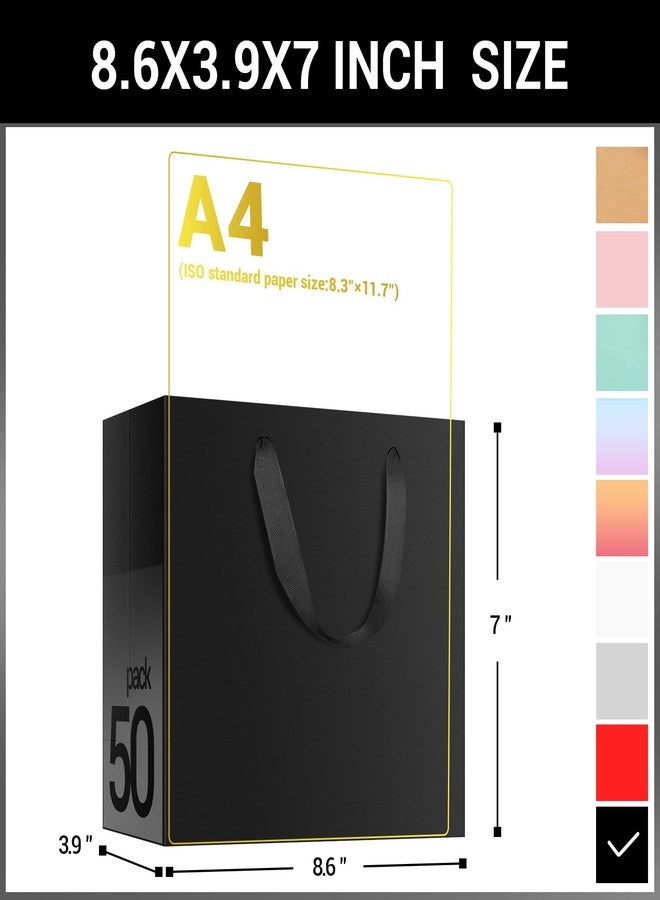 EUSOAR أكياس تغليف هدايا صغيرة من EUSOAR، عبوة من 50 كيسًا، مقاس 8.6 × 3.9 × 7 بوصات، أكياس ورقية سوداء بمقابض، حقائب متينة لحفلات الزفاف، والبقالة، والمتاجر، وتجارة التجزئة، والأعمال التجارية، وتوزيعات الحفلات، وحفلات استقبال المولود، وأعياد الميلاد. - Image 2