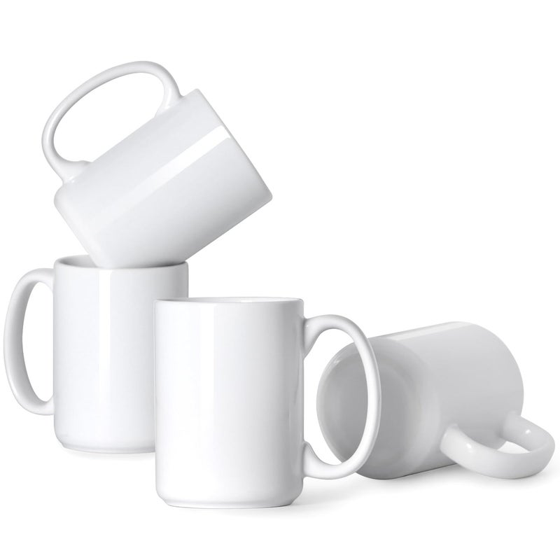 Smilatte 16 OZ Porcelain Coffee Mugs Classic Blank Ceramic Cup with Large Handle for Tea Latte Cappuccino Set of 4 White