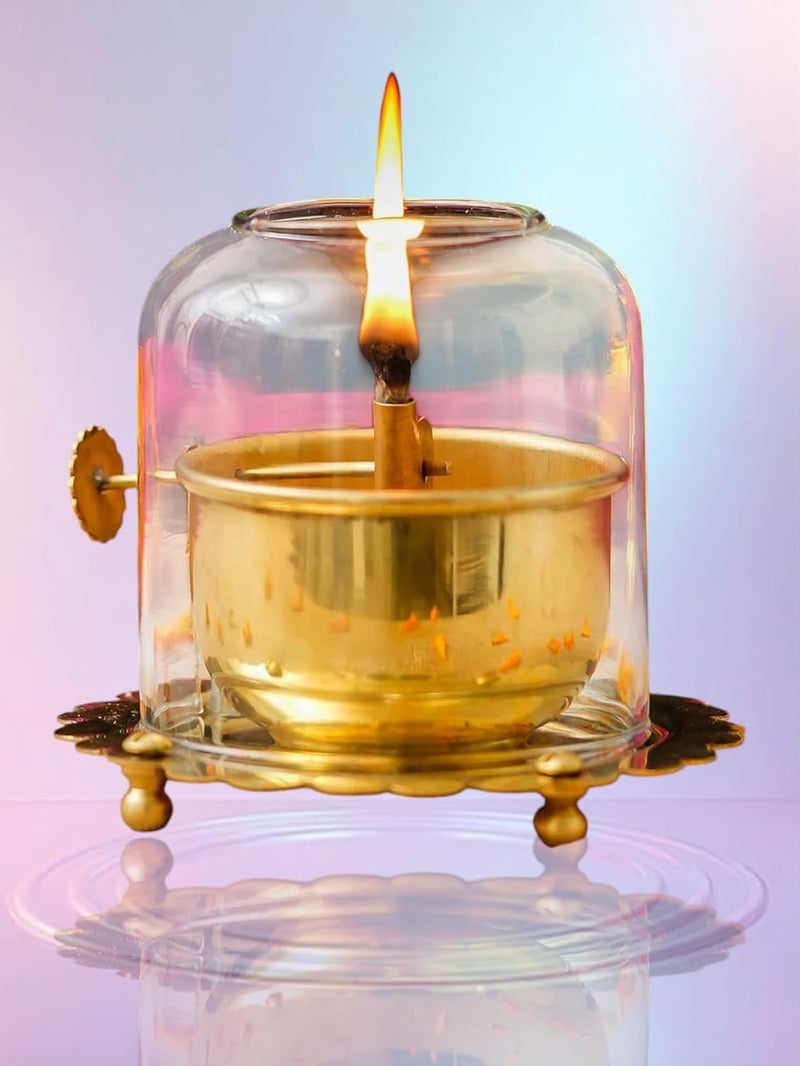 Stotram Brass Akhand Joyti DiyaAdjustable Bati Lifting Screw Wick Holder and Gorilla Borosilicate Glass CoverLid for Jyoti Lightingfor Navratri Celebrations Size 35 X 33Small - Image 3