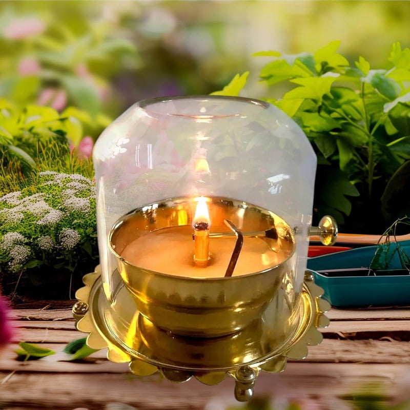 Stotram Brass Akhand Joyti DiyaAdjustable Bati Lifting Screw Wick Holder and Gorilla Borosilicate Glass CoverLid for Jyoti Lightingfor Navratri Celebrations Size 35 X 33Small - Image 2
