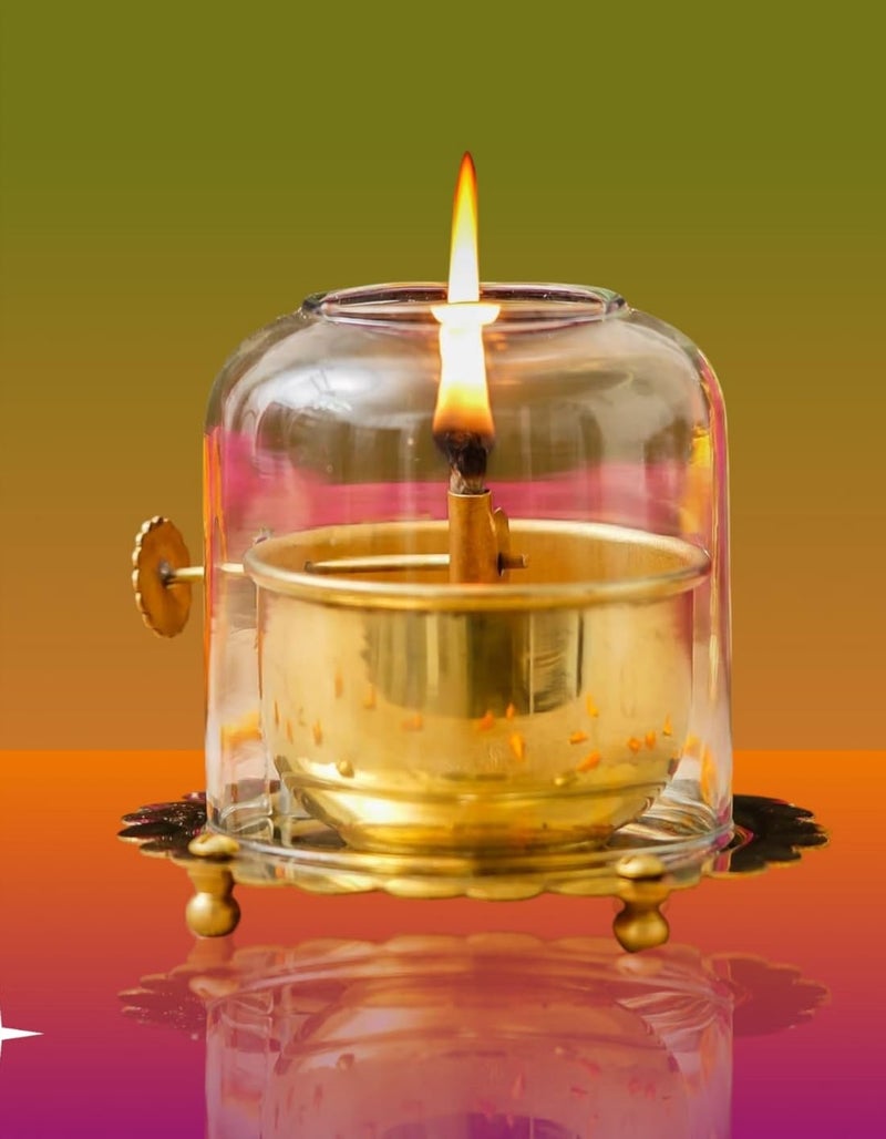 Stotram Brass Akhand Joyti DiyaAdjustable Bati Lifting Screw Wick Holder and Gorilla Borosilicate Glass CoverLid for Jyoti Lightingfor Navratri Celebrations Size 35 X 33Small - Image 1
