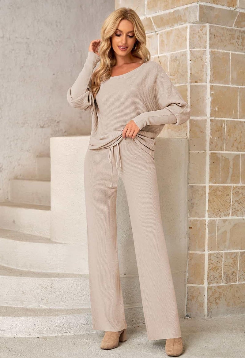 Fixmatti Sweater Set Womens 2 Piece Outfits Knitted Pullover Matching Wide Leg Pants Sweatsuits Matching Sets Women Clothing Apricot L - Image 2