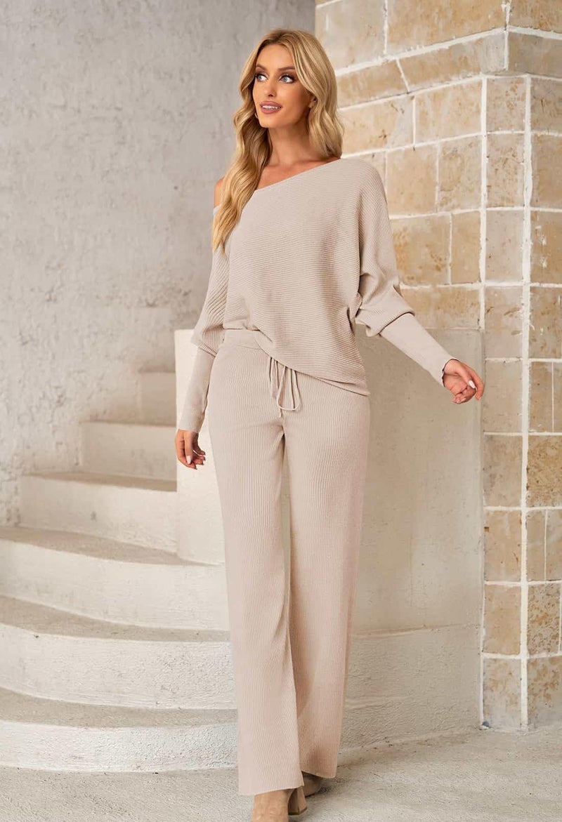 Fixmatti Sweater Set Womens 2 Piece Outfits Knitted Pullover Matching Wide Leg Pants Sweatsuits Matching Sets Women Clothing Apricot L - Image 3