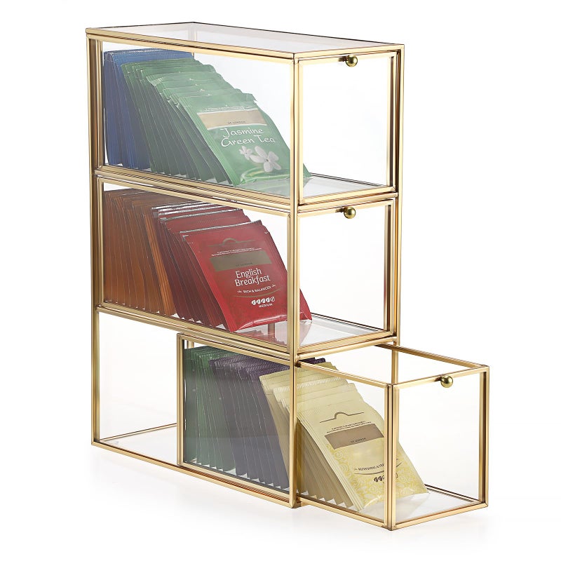 ELLDOO Tea Bag Organizer with 3 Drawers, Gold Glass Tea Bag Storage Holder for Kitchen Pantry, Coffee Pod Snack Storage for Countertop Cabinet, Multi-Functional Home Organizer - Image 1