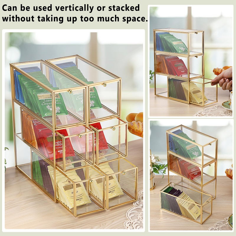 ELLDOO Tea Bag Organizer with 3 Drawers, Gold Glass Tea Bag Storage Holder for Kitchen Pantry, Coffee Pod Snack Storage for Countertop Cabinet, Multi-Functional Home Organizer - Image 3