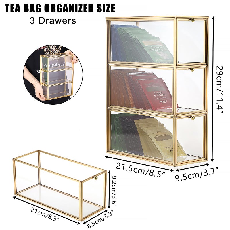 ELLDOO Tea Bag Organizer with 3 Drawers, Gold Glass Tea Bag Storage Holder for Kitchen Pantry, Coffee Pod Snack Storage for Countertop Cabinet, Multi-Functional Home Organizer - Image 2