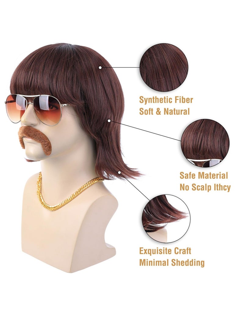 5pcs Set, 70s 80s Disco Wig with Mustache Glasses and Chain, Short Brown Men's Mullet Wig for 60s Singer Rocker Hippies Costume Cosplay Party  - Image 3