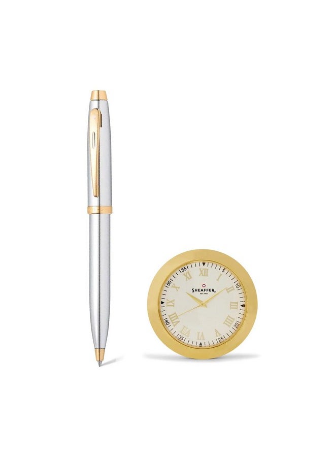 شيفر مجموعة هدايا Sheaffer 100 قلم حبر جاف مع ساعة طاولة من الكروم اللامع مع حواف ذهبية | مجموعة أقلام للهدايا  - Image 1