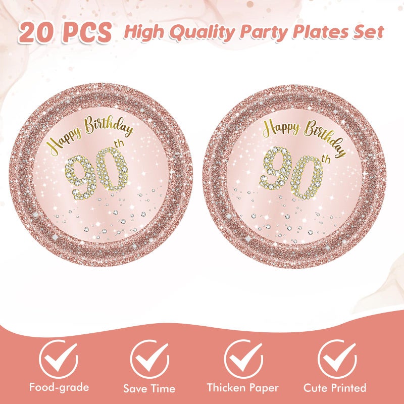 73Hours 90th Birthday Decorations, Rose Gold Birthday Party Supplies Include 20Pcs Plates 20Pcs Napkins Sweet Ninety Year Old Party Tableware for Girl Ladies Women - Image 3