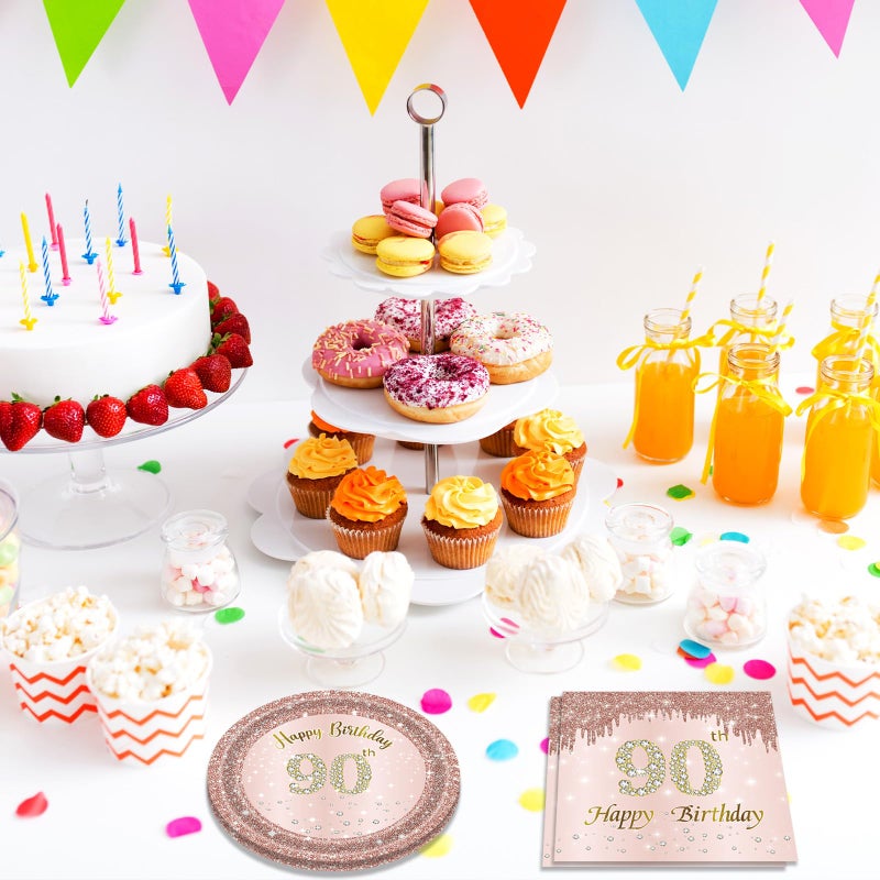 73Hours 90th Birthday Decorations, Rose Gold Birthday Party Supplies Include 20Pcs Plates 20Pcs Napkins Sweet Ninety Year Old Party Tableware for Girl Ladies Women - Image 5