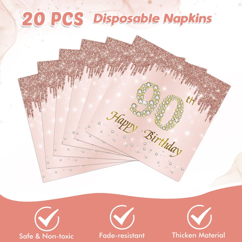 73Hours 90th Birthday Decorations, Rose Gold Birthday Party Supplies Include 20Pcs Plates 20Pcs Napkins Sweet Ninety Year Old Party Tableware for Girl Ladies Women - Image 4