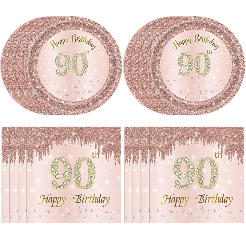 73Hours 90th Birthday Decorations, Rose Gold Birthday Party Supplies Include 20Pcs Plates 20Pcs Napkins Sweet Ninety Year Old Party Tableware for Girl Ladies Women - Image 1