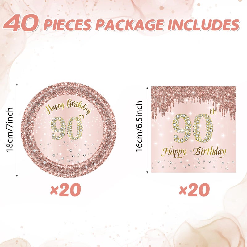 73Hours 90th Birthday Decorations, Rose Gold Birthday Party Supplies Include 20Pcs Plates 20Pcs Napkins Sweet Ninety Year Old Party Tableware for Girl Ladies Women - Image 2