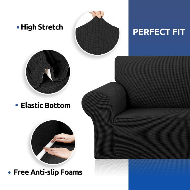 KEKUOU Stretch Single Sofa Slipcover 1 Piece Couch Sofa Cover (31"-55") Furniture Protector 1 Seater Sofa with Elastic Bottom for Kids,Pet.Jacquard Small Checked Pattern Fabric(Small,Black) - Image 4