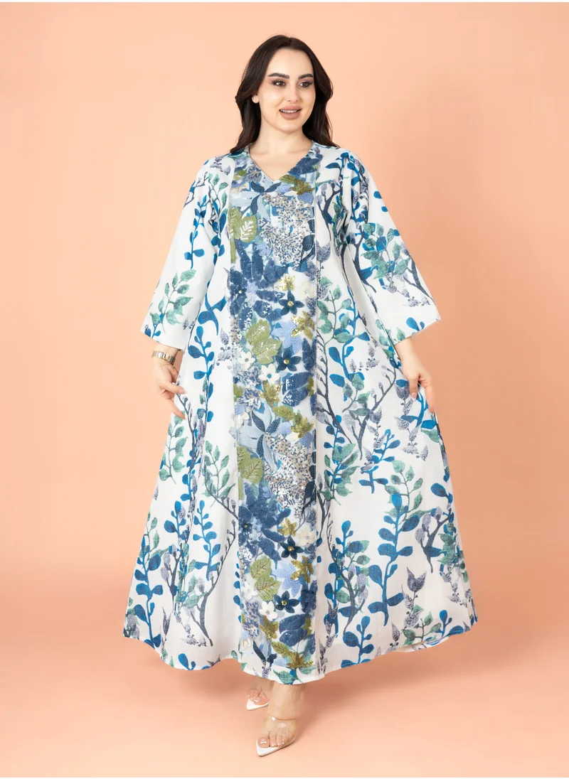 IKKXA Embroidery Applique Wide Cut Jalabiya Blue