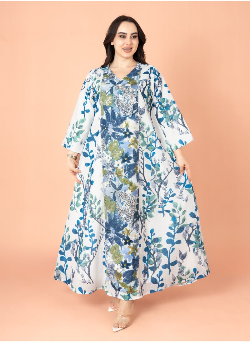 IKKXA Embroidery Applique Wide Cut Jalabiya Blue  - Image 1