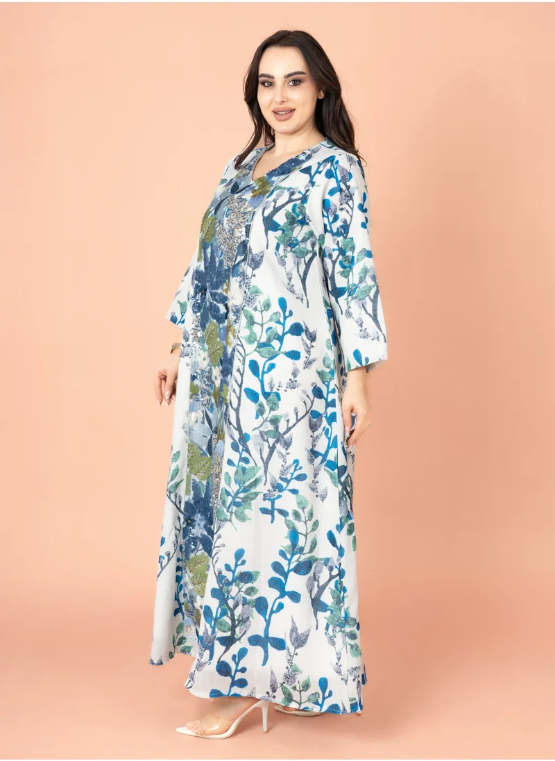 IKKXA Embroidery Applique Wide Cut Jalabiya Blue