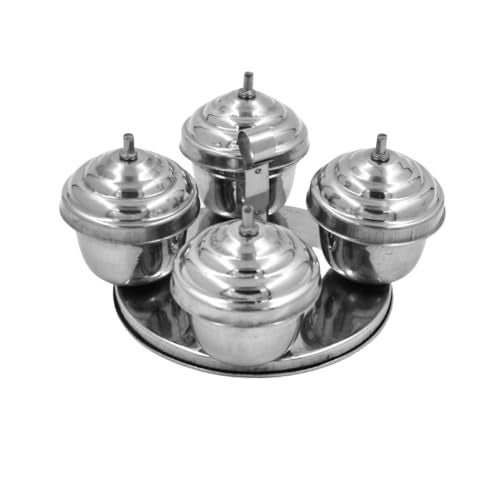 Spillbox Brass Traditional Handcrafted Stainless Steel Kumkum Holder For Pooja | Puja Worship | Puja | Roli | Chawal | Chandan | Haldi | Kumkum Puja Box | Sindoor | Turmeric | Dabbi- Ss 4 In 1 Dabbi - Image 1