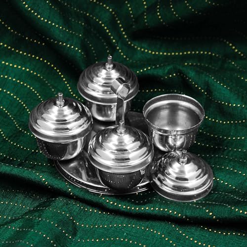 Spillbox Brass Traditional Handcrafted Stainless Steel Kumkum Holder For Pooja | Puja Worship | Puja | Roli | Chawal | Chandan | Haldi | Kumkum Puja Box | Sindoor | Turmeric | Dabbi- Ss 4 In 1 Dabbi - Image 3