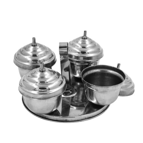 Spillbox Brass Traditional Handcrafted Stainless Steel Kumkum Holder For Pooja | Puja Worship | Puja | Roli | Chawal | Chandan | Haldi | Kumkum Puja Box | Sindoor | Turmeric | Dabbi- Ss 4 In 1 Dabbi - Image 2