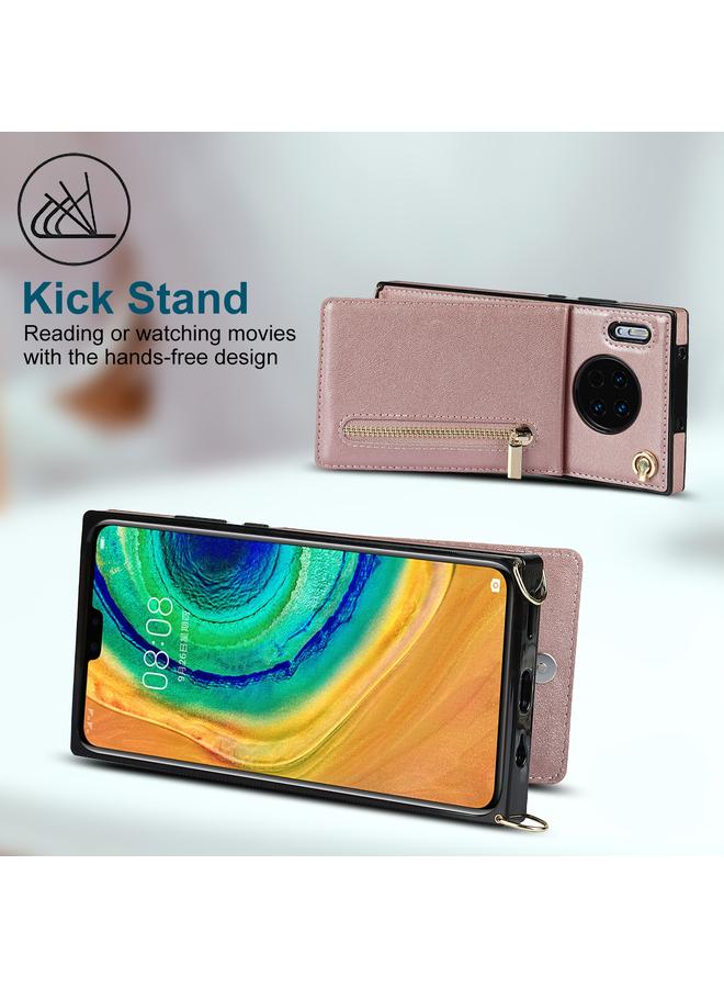 اس-توب جراب لهاتف Huawei Mate 30 Cross-body Zipper مربع الشكل مصنوع من مادة TPU+PU مع حامل وفتحات للبطاقات ومحفظة وحزام - Image 3