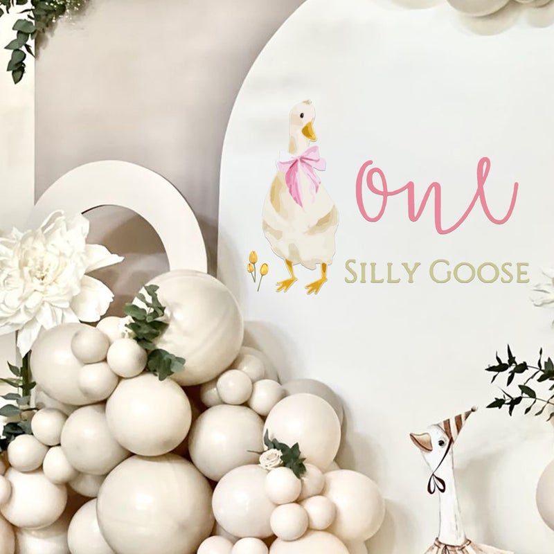 Capiont Caption One Silly Goose Decal - Goose Theme 1st Birthday Decoration for Girls, Pink Bow Goose Birthday Party Supplies, First Birthday Party Balloon Arch Decal - Image 1