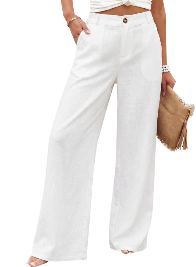 Hooever Womens Cotton Linen Pants Casual Button Up High Waisted Wide Leg Trousers, White, S - Image 1