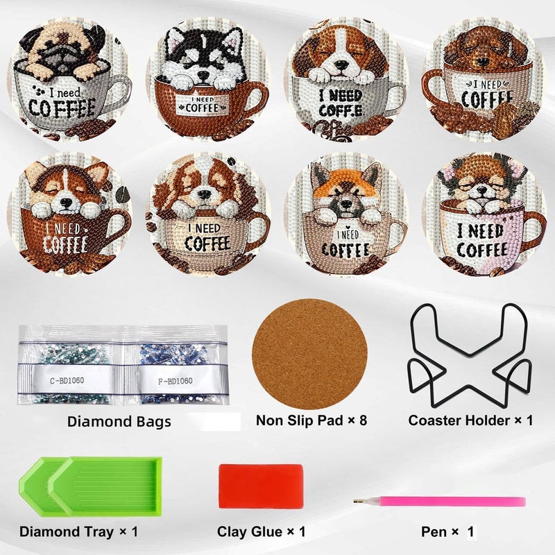 Ekuxom 8 Pcs Coffee Dog Diamond Art Coasters Kits with Holder-Diamond Painting Coasters Kits-DIY Crafts Art Coaster Kit for Home Decor - Image 4