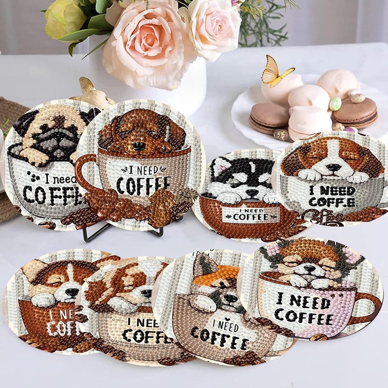 Ekuxom 8 Pcs Coffee Dog Diamond Art Coasters Kits with Holder-Diamond Painting Coasters Kits-DIY Crafts Art Coaster Kit for Home Decor - Image 2