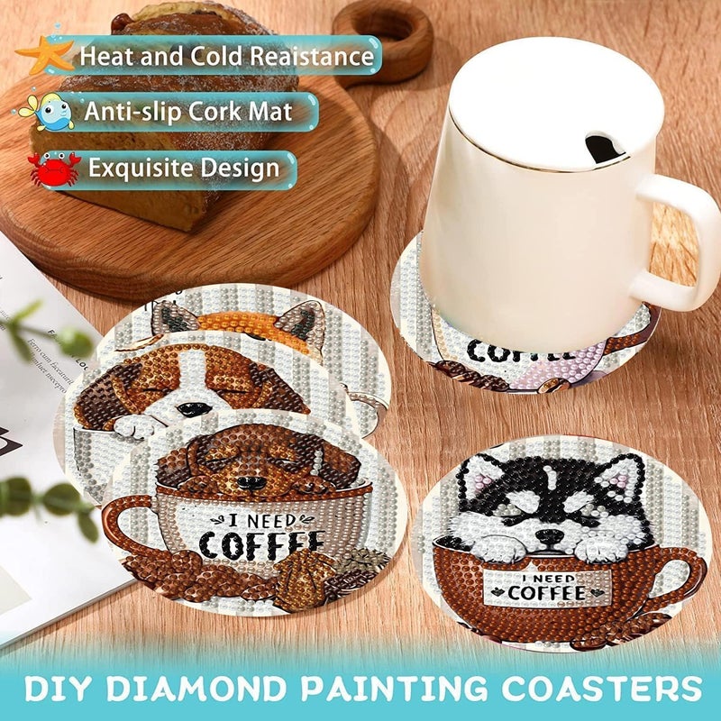 Ekuxom 8 Pcs Coffee Dog Diamond Art Coasters Kits with Holder-Diamond Painting Coasters Kits-DIY Crafts Art Coaster Kit for Home Decor - Image 3