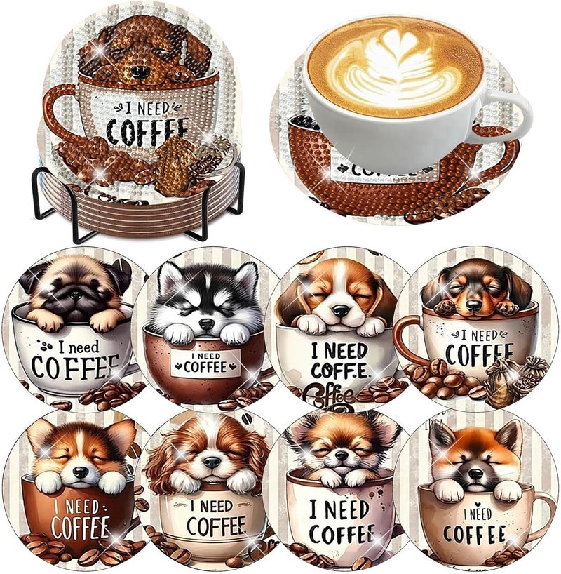 Ekuxom 8 Pcs Coffee Dog Diamond Art Coasters Kits with Holder-Diamond Painting Coasters Kits-DIY Crafts Art Coaster Kit for Home Decor - Image 1