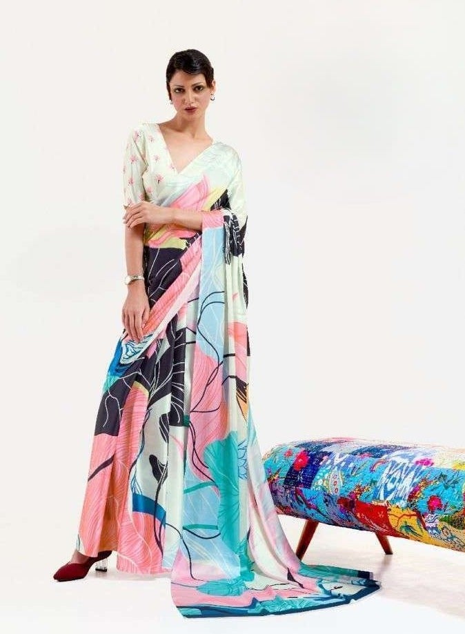 Grab Mantra Satin Multicolour Printed Saree With Pink Base And Unstitched Blouse