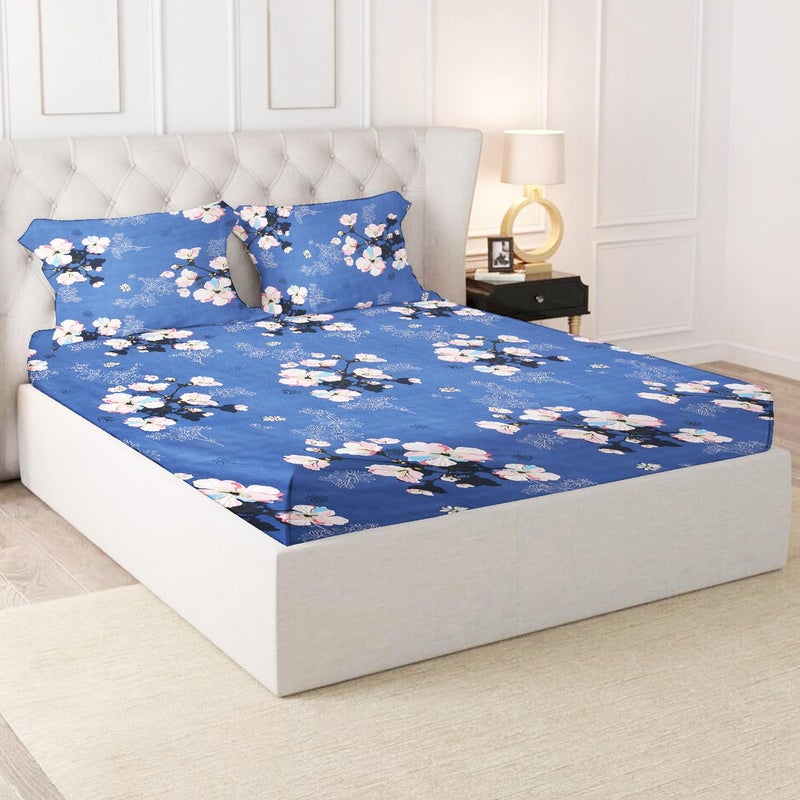 IVAZA IVAZA Floral Print 144 TC Ezyption Cotton Double Bedsheet with 2 Pillow CoversBreathable Wrinkle Free and Soft Touch Blue Flower  - Image 1