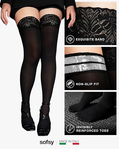 sofsy Ultra Soft Women's Stockings [Made in Italy] 100% Oeko-Tex Certified Dual Silicone Stay-Up Lace Thigh Highs 60 Den | Black - Medium/Large - Image 4