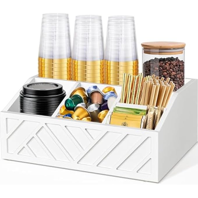 quxup Wooden Coffee Station Organizer  Countertop Storage For Pods Tea Bags Sugar  Espresso Cups Decorative Black Bin Box White - Image 1