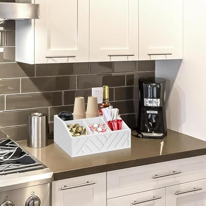 quxup Wooden Coffee Station Organizer  Countertop Storage For Pods Tea Bags Sugar  Espresso Cups Decorative Black Bin Box White - Image 2