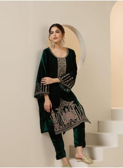 ISHIN Women's Green Velvet Embroidered Tunic Full Length Casual Straight Fit Kurta Set  - Image 1