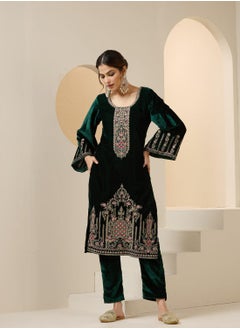 ISHIN Women's Green Velvet Embroidered Tunic Full Length Casual Straight Fit Kurta Set  - Image 5