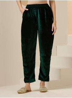 ISHIN Women's Green Velvet Embroidered Tunic Full Length Casual Straight Fit Kurta Set  - Image 3