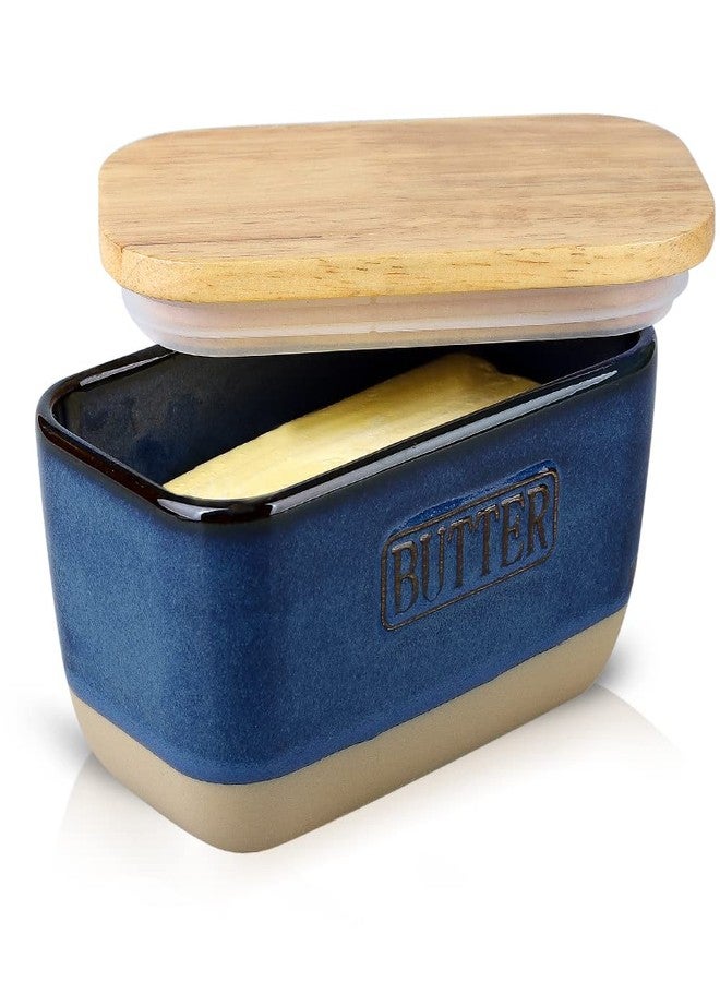 HVH Ceramic Butter Dish with Lid for Countertop, Airtight Butter Keeper with Wooden Lid, Butter Dishes with Covers, Ceramic Butter Container for East West Coast Butter, Farmhouse Style (Blue) - Image 1