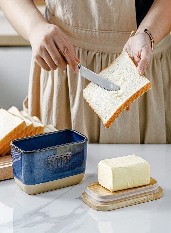 HVH Ceramic Butter Dish with Lid for Countertop, Airtight Butter Keeper with Wooden Lid, Butter Dishes with Covers, Ceramic Butter Container for East West Coast Butter, Farmhouse Style (Blue) - Image 3