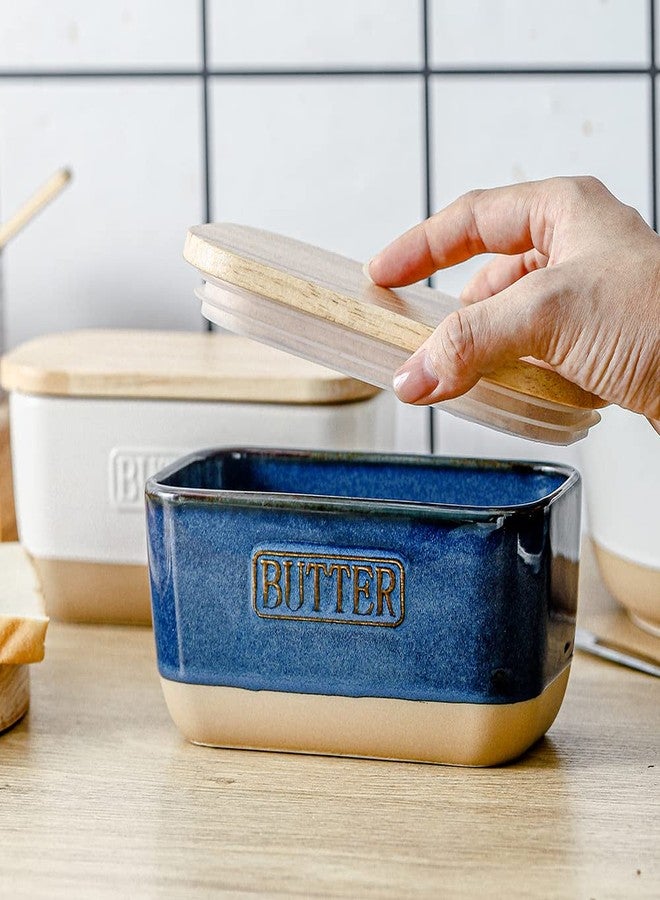 HVH Ceramic Butter Dish with Lid for Countertop, Airtight Butter Keeper with Wooden Lid, Butter Dishes with Covers, Ceramic Butter Container for East West Coast Butter, Farmhouse Style (Blue) - Image 5