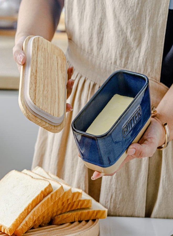 HVH Ceramic Butter Dish with Lid for Countertop, Airtight Butter Keeper with Wooden Lid, Butter Dishes with Covers, Ceramic Butter Container for East West Coast Butter, Farmhouse Style (Blue) - Image 2