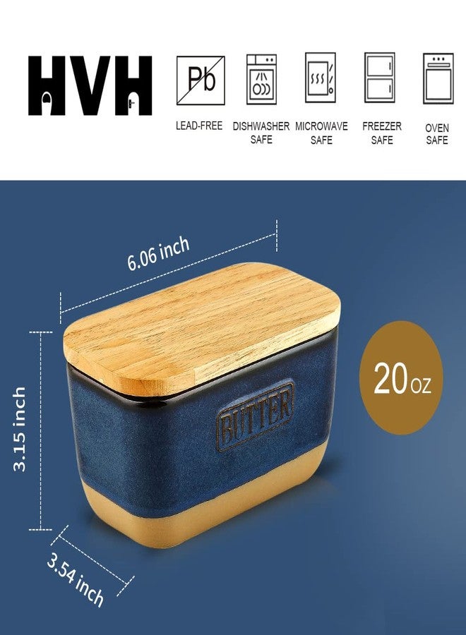HVH Ceramic Butter Dish with Lid for Countertop, Airtight Butter Keeper with Wooden Lid, Butter Dishes with Covers, Ceramic Butter Container for East West Coast Butter, Farmhouse Style (Blue) - Image 4