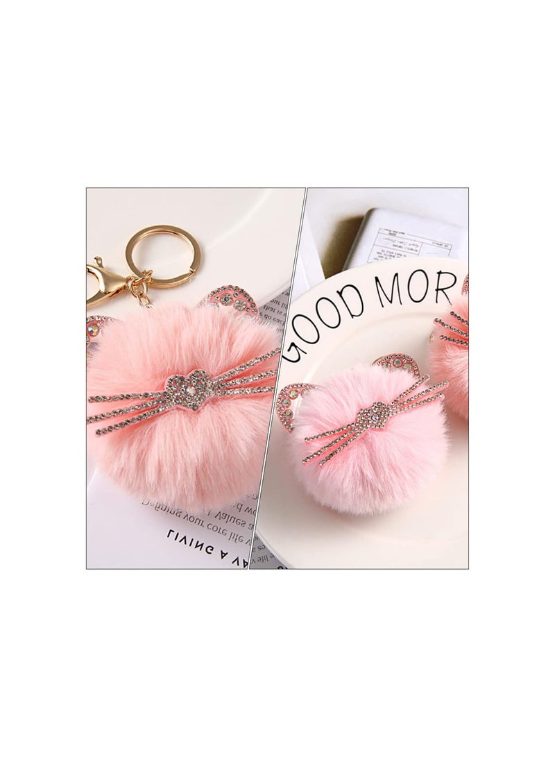 GGOOT 3pcs Pom Pom Keychain Artificial Fur Puff Ball Keychain Cute Animal Cat Shaped Keyring Hanging Ornaments for Women Car Handbag Charms Pendant Accessory Pink - Image 2