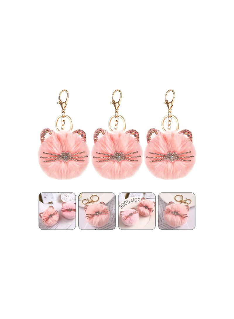 GGOOT 3pcs Pom Pom Keychain Artificial Fur Puff Ball Keychain Cute Animal Cat Shaped Keyring Hanging Ornaments for Women Car Handbag Charms Pendant Accessory Pink - Image 4