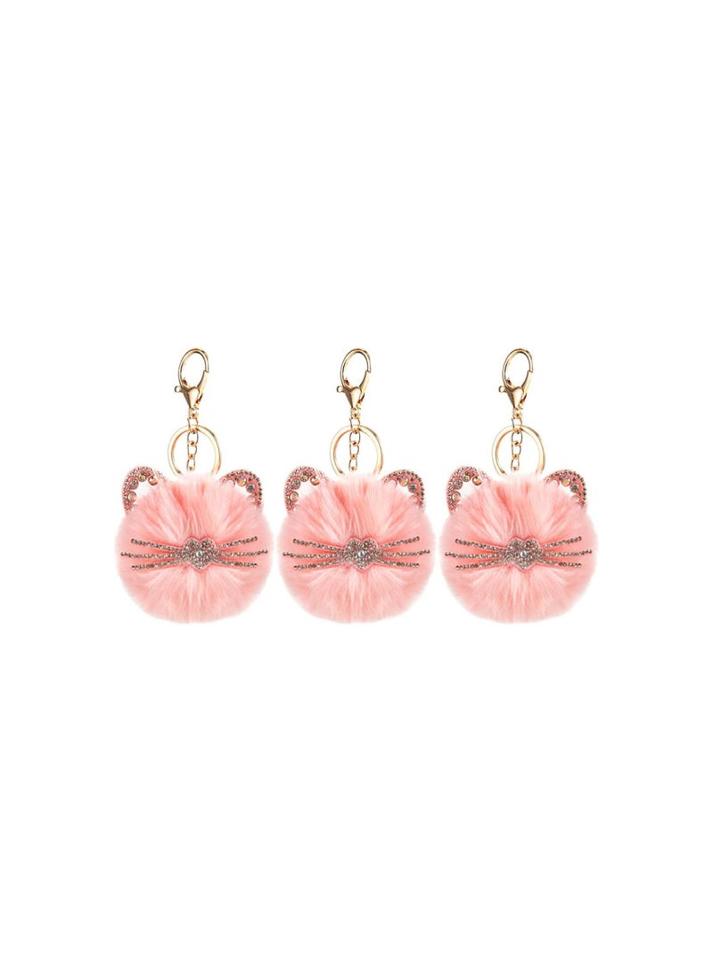 GGOOT 3pcs Pom Pom Keychain Artificial Fur Puff Ball Keychain Cute Animal Cat Shaped Keyring Hanging Ornaments for Women Car Handbag Charms Pendant Accessory Pink - Image 1